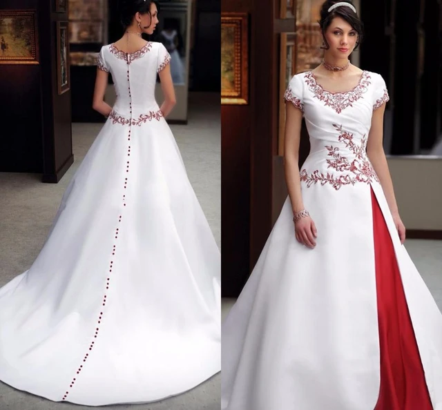 Vintage White And Red Stain Wedding Dresses 2022 Two Tone Lace Embroidery Buttons Cap Sleeve Bride Gown Vestidos De Novia AliExpress