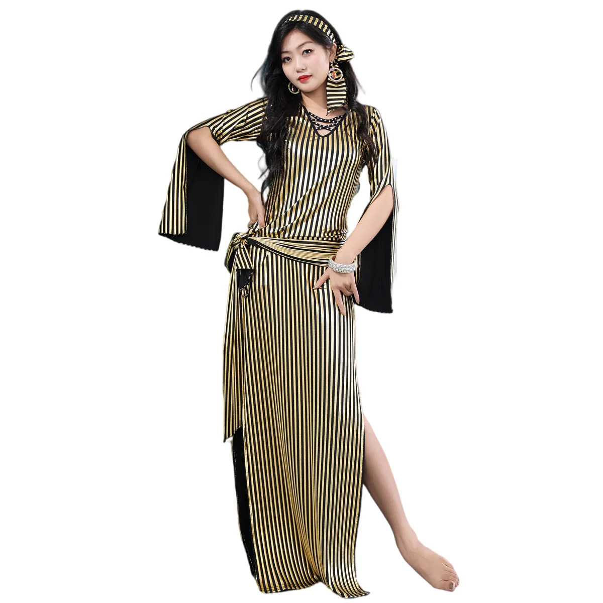 Belly Dance Nancy Galabeya Dress Costume Stretchy Baladi Saidi Handmade Egypt Outfit Long Slit Gold Strip for Dancer Performance