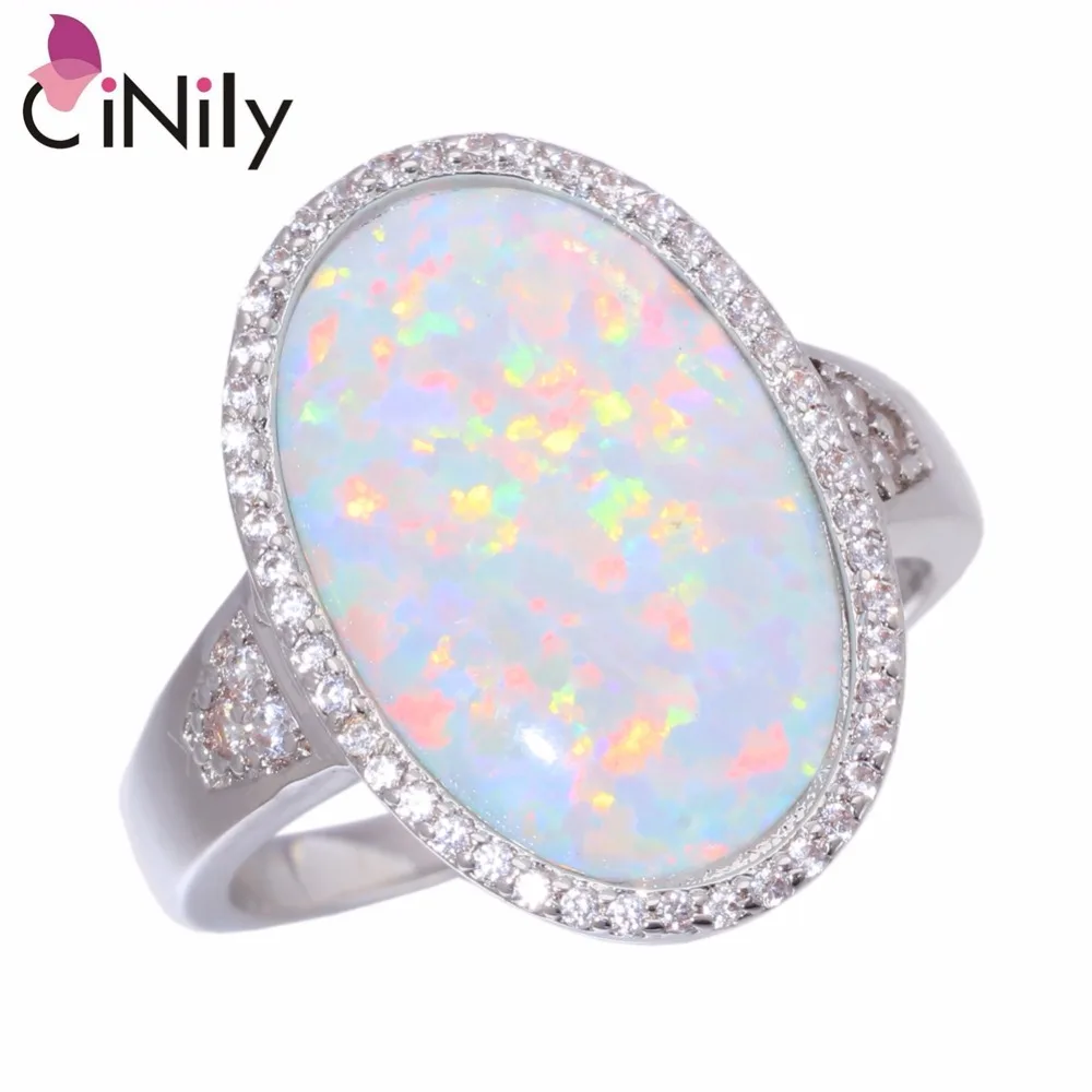 CiNily Created White Fire Opal Cubic Zirconia Silver Plated Wholesale for Women Jewelry Christmas Gift Ring Size 7-9 OJ9270