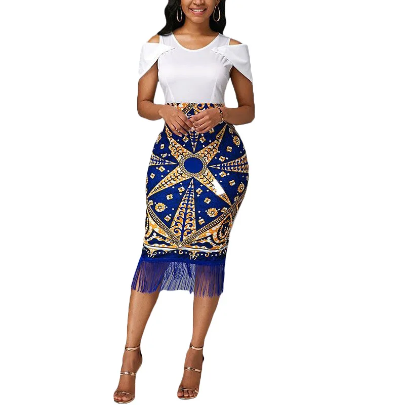 

Splice Tassel Office Lady Dress Vintage Pencil Print Short Sleeve Knee-Length O-Neck Summer Female Dresses