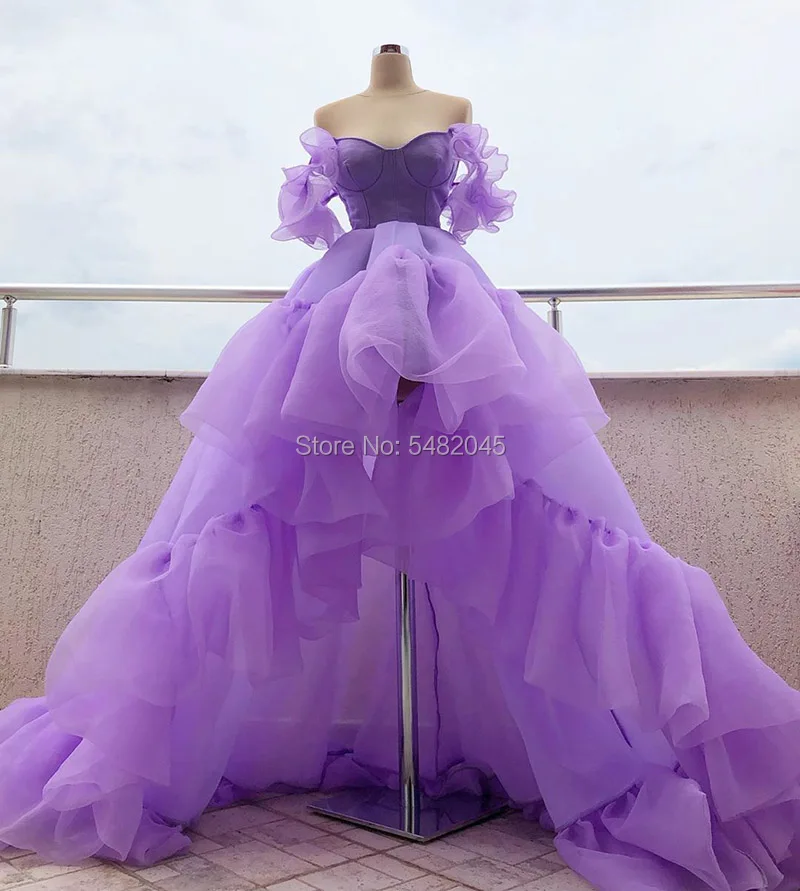 LORIE High Low Prom Dresses Arabic Lavender Ruffles Off the Shoulder Organza Evening Gown Girl Party Dress for Graduation