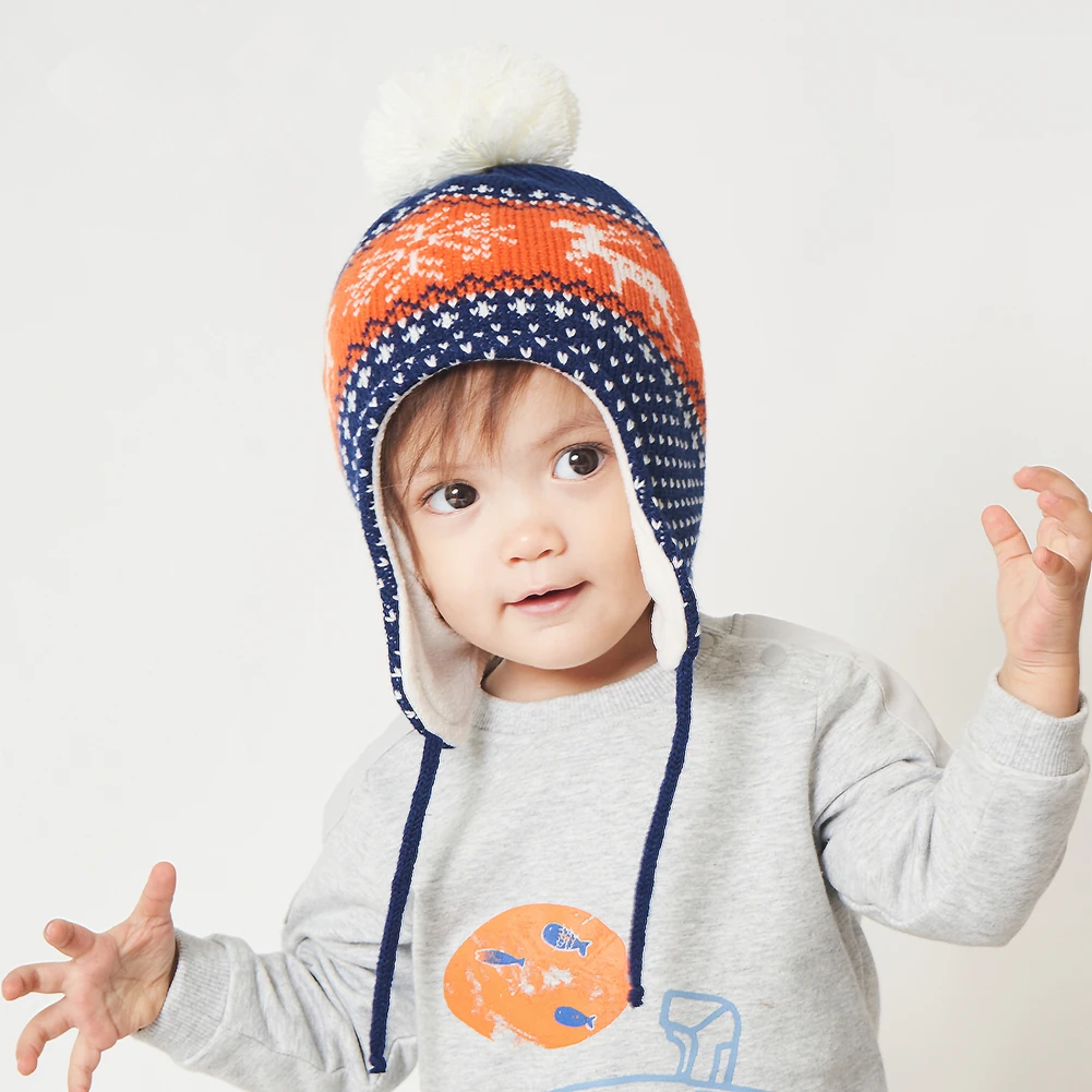 Connectyle Toddler Infant Baby boys  Girls Winter Skull Hat Deer Jacquard kids Earflap Thick Warm Knitted Woolen Hat With Pom