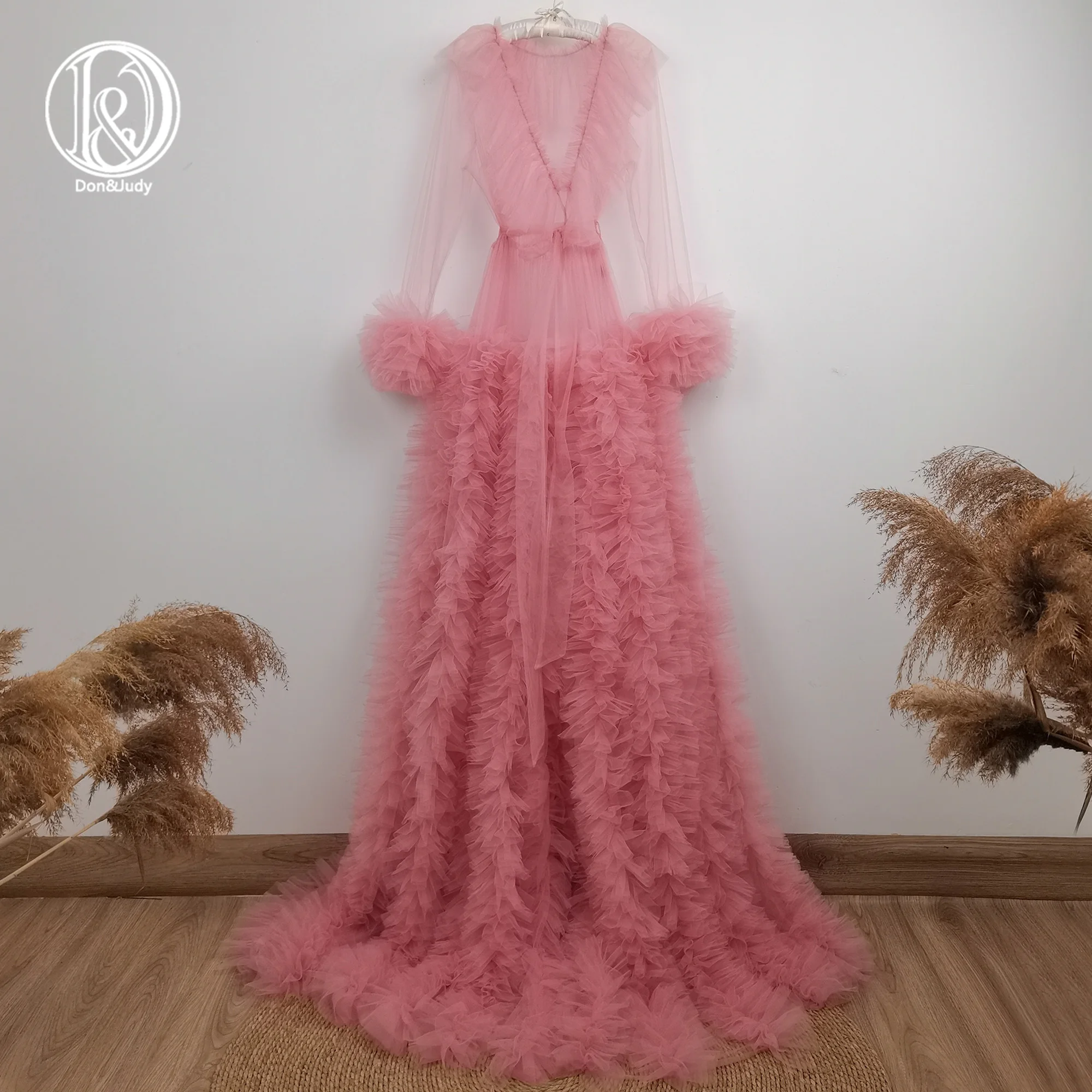 Don&Judy Pink Tulle Long Maternity Dress For Baby Shower Photo Shoot Soft Ruffles Tiered Mesh Woman Gowns Pregnancy Accessories