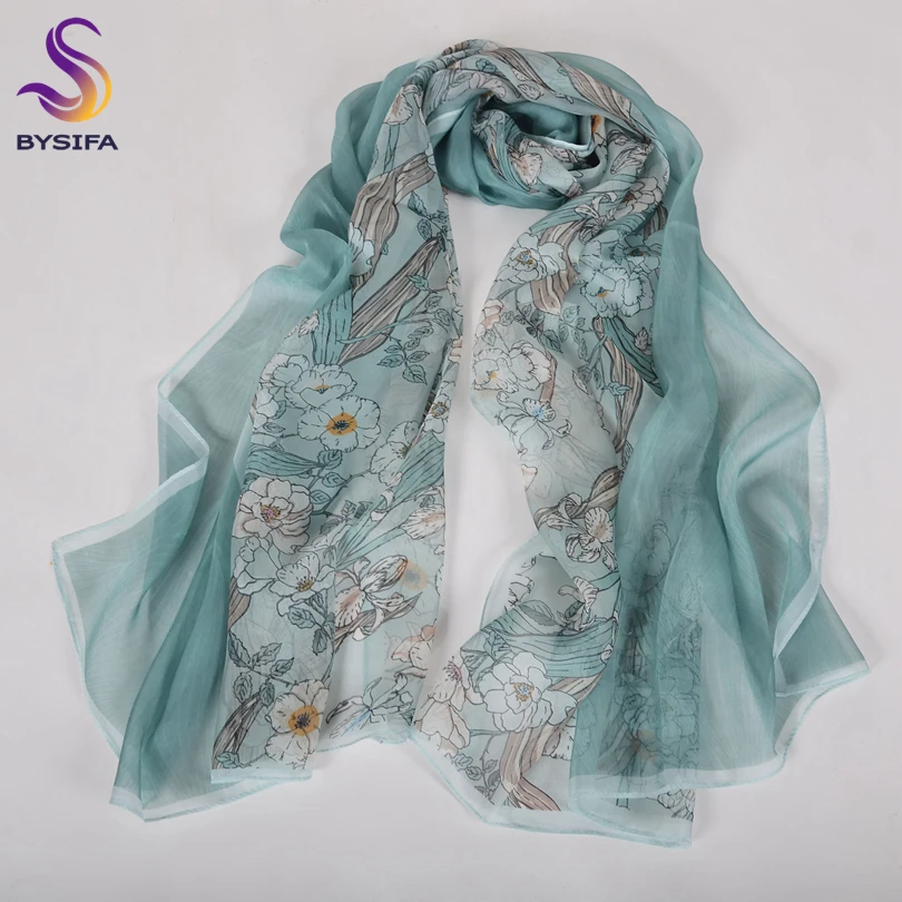 [BYSIFA] Bean Green 100% Silk Chiffon Hijab Scarf Ladies Brand Long Scarf Beach Shawls Autunm Winter Women Floral Design Scarves