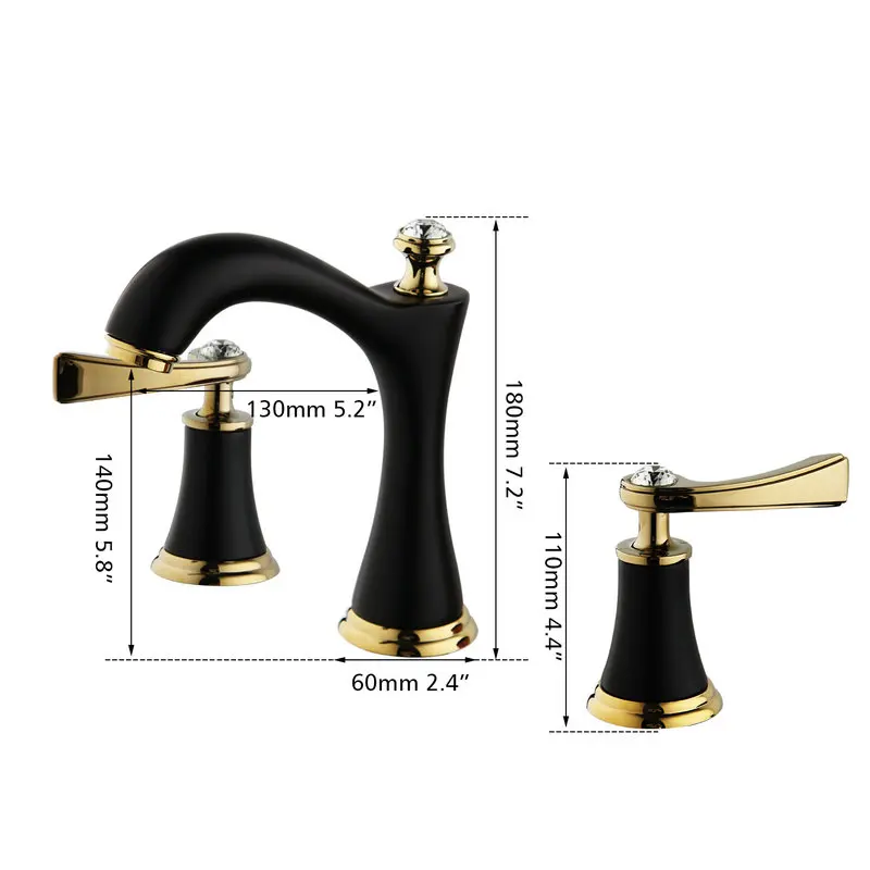 JIENI Matte Black 3 Pcs Bathroom Faucet Deck Mounted Black Painting 2 Handles Diamond Bathroom Bathtub Basin Mixer Tap Faucet