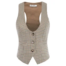 Donne Cappotti Magliette E Camicette di Estate Vestiti di Autunno Moda Vintage Veck Fazzoletto Orlo Plaid Senza Maniche Bottoni Breve Giubbotti Femminile Della Signora