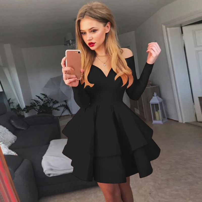 New arrival short dress off the shoulder long sleeves V-neck evening prom party dresses Vestido de Festa Robe De Soiree