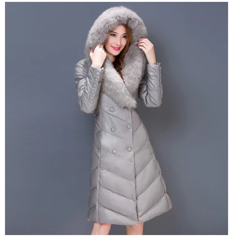 Leather Jackets Winter For Women Faux Sheep Skin Leather Jacket Artificial Fox Fur Collar White Duck Down Jacket Plus Size