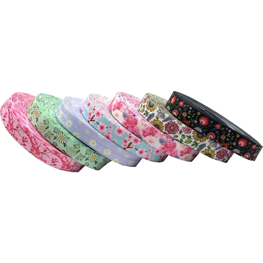 Hot Sale Flower Printed Fold Over Elastic 10Y/lot 15mm Stretchy Starry Daisy Rose Flower FOE for Hair Tie DIY Headband Garment