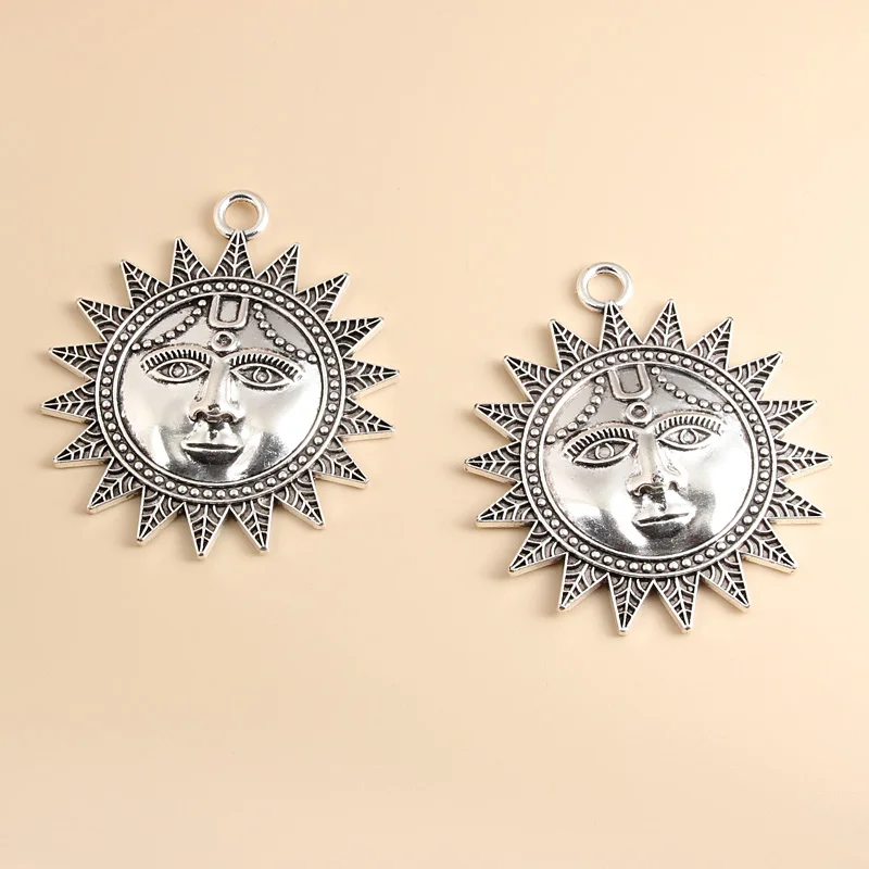 3pcs Silver Color 60x53mm Large Sun With Face Charms Connector Pendant Fit DIY Jewelry Making Handcrafted Accessories