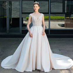 Custom Made Luxury A Line Wedding Dresses Netting Satin Applique Beading Floor Length Bridal Gown Chapel Train Zipper