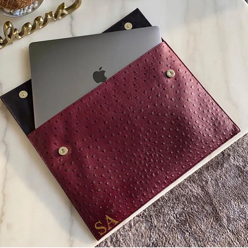 Women\'s Soft Case Laptop Bag Fashion Brand Ostrich Pattern Leather Clutches 2025 Trendy Macbook Notebook ProAir Cover