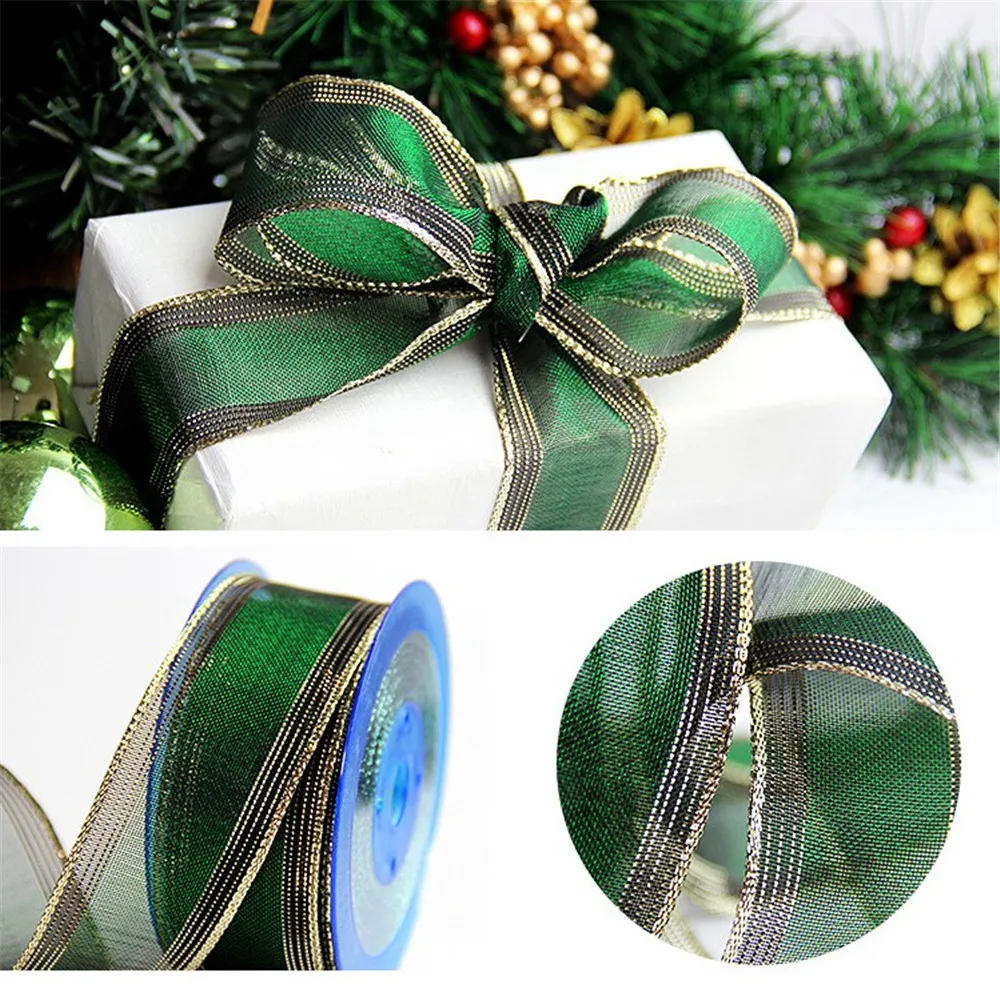 38MM X 25 Yards Wired Edge Organza Green Ribbon with Golden Line for Christmas Birthday Decoration Gift Wrapping 1-1/2\