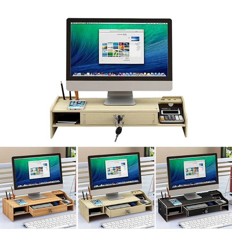 

Multi-function Wood Desktop Computer Monitor Stand Keyboard Storage Holders Computer Screen Riser Home Laptop Storage Stand