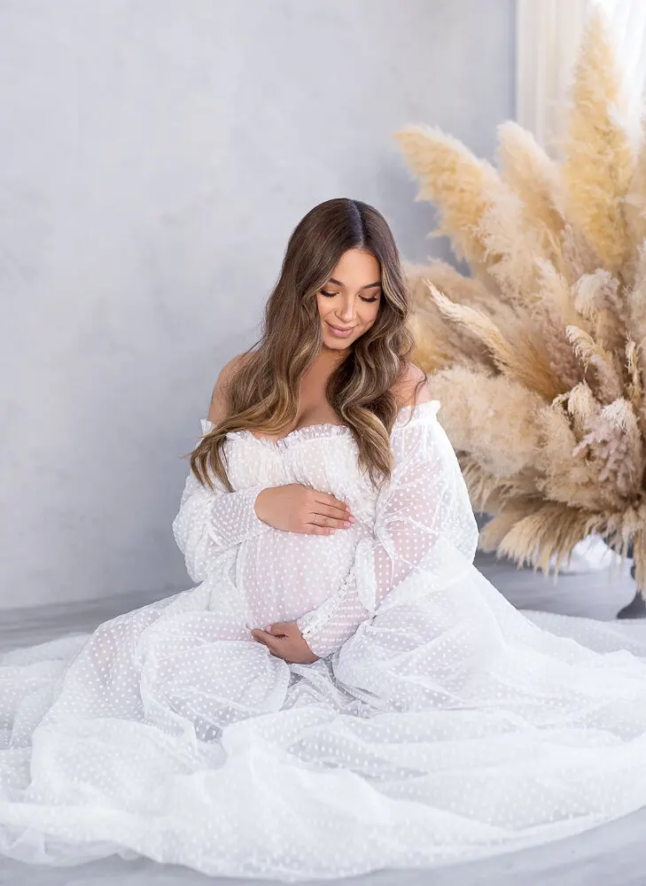 Vestido de maternidad blanco sin hombros para sesión de fotos, camisón de manga larga para fotografía, vestidos de tul para mujeres embarazadas