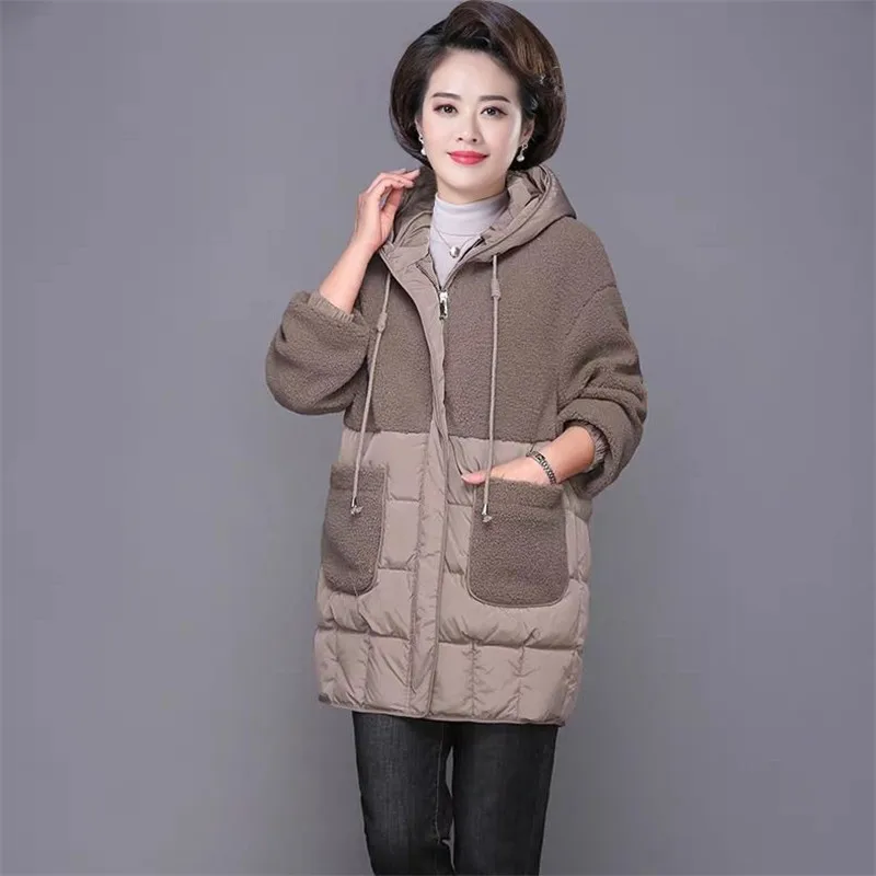 

Middle-aged Mother Winter Jacket Fashion Hooded Parkas Thick Cotton Lamb wool Patchwork Coat Warm Loose Casual Women's Outwear