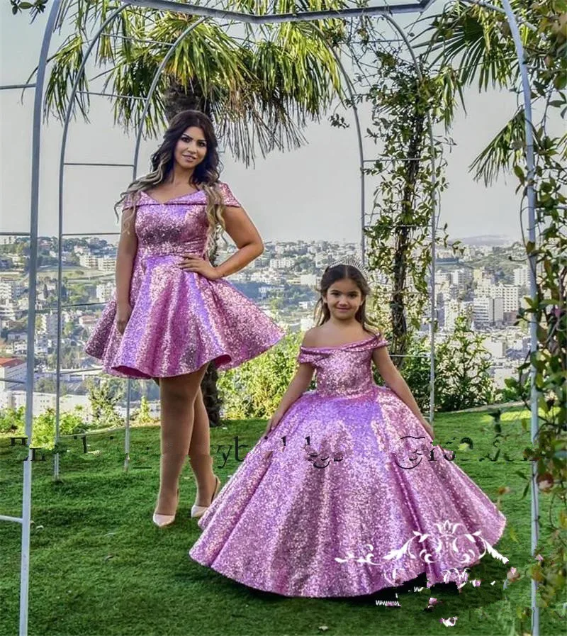 Vestido de baile con lentejuelas para madre e hija, traje con hombros descubiertos, talla grande, barato, familiar, Formal, 2021