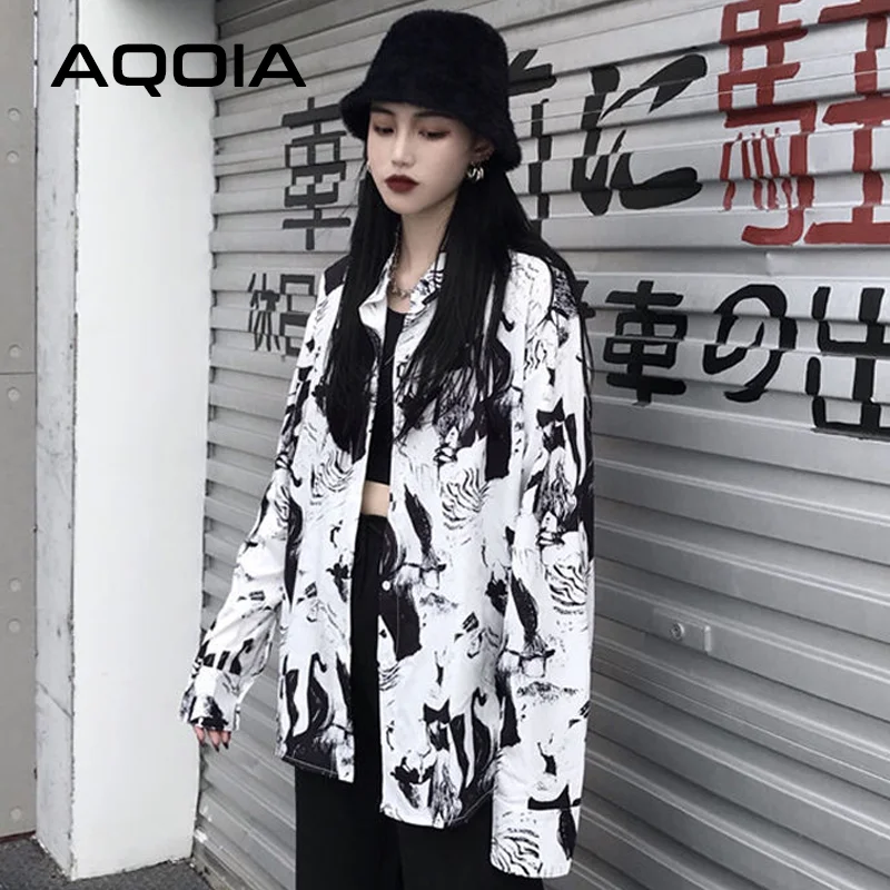 2022 Spring Harajuku Ink printing Women Blouse Shirt Loose Long Sleeve Button Up Ladies Shirt Y2K Oversize Female White Clothing