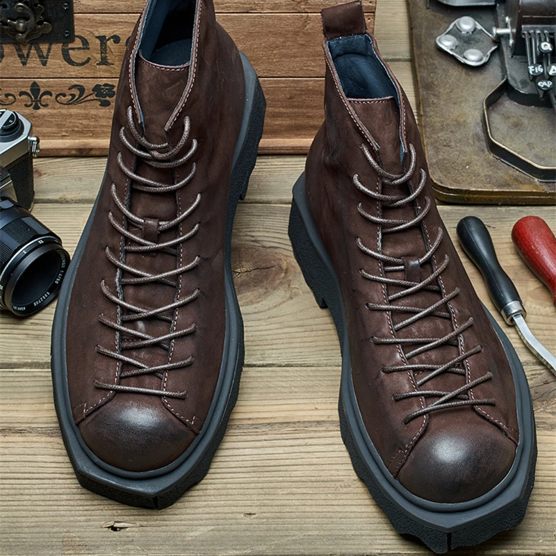 US6-10 New Man Soft Leather Motorcycle Coffe Short Face Riding Boots Cool Men\'s Fashion Punk Shoes All-match