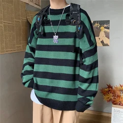 Suéter listrado com gola redonda, pulôver de malha para homens e mulheres, moda de outono, hip hop, tendência de rua, solto, casual para casal