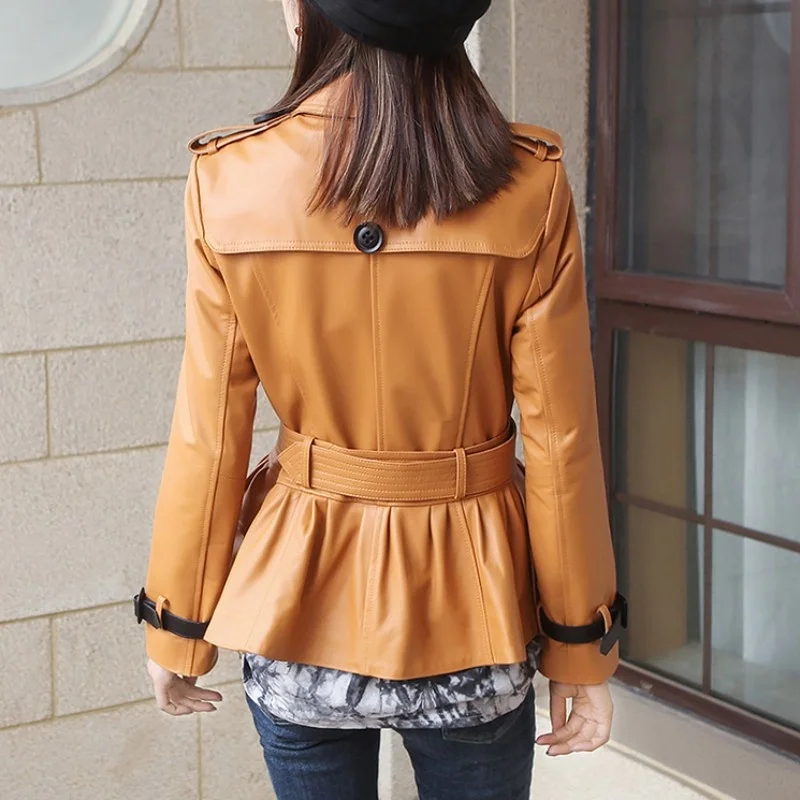 

Genuine 100% Leather Jacket Women Spring Fashion Double Breasted Sheepskin Short Coat Street Office Lady Slim Fit Outwear M-3XL