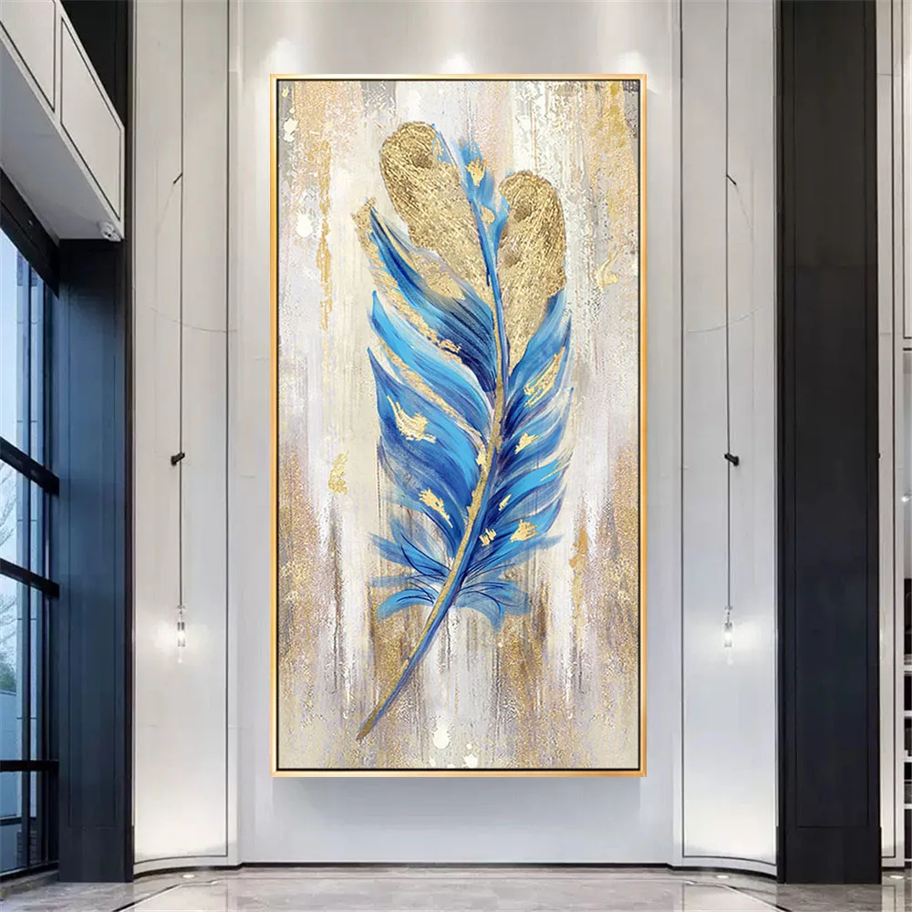 

100% Hand-Painted Golden Blue Abstract Feather Oil Paintings On Canvas Poster Trim Wall Art Picture For Living Room Home Decor