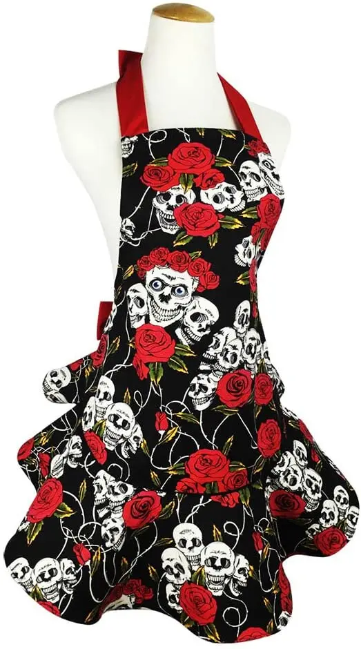 

Lovely Black Retro Floral Skull Aprons Cotton Canvas Cooking Salon Pinafore Apron Dress Halloween C1A3