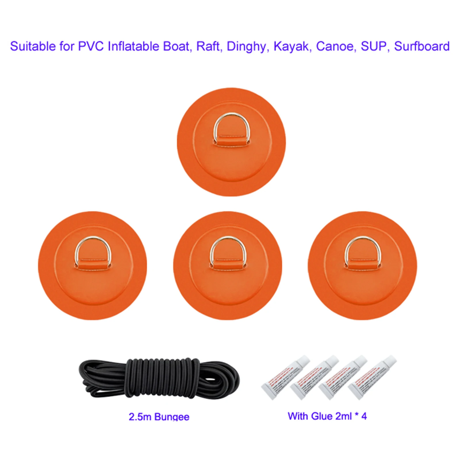 1 Set D Ring Pad PVC, Patch plate-forme de bateau, Kit de cordes élastiques de 2.5m pour radeau, Kayak, canoë, planche de surf SUP