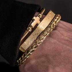 Ensemble de luxe Bracelet en acier inoxydable Hip Hop pour homme, bijoux à breloques croisées, Brangle ouvert, sculpture, écriture espagnole, Pulseira Bileklik