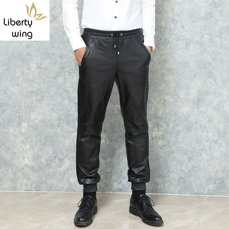 

New Man Loose Fit Harem Genuine Drawstring Elastic Waist Joggers Trousers Black Sheepskin Leather Pants Men