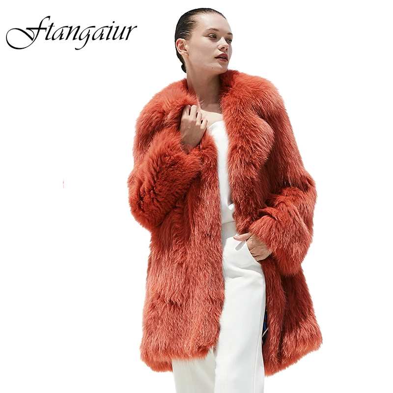 Ftangaiur Winter Finland Import Fox Fur Coat Turn-Down Collar Solid Female Fox Coats Medium Natural Fur Slim Fox Fur Coats