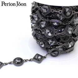 1 yard black round diamond glass arrangement trim metal chain stitched on shoes, bag decoration accessories ML133