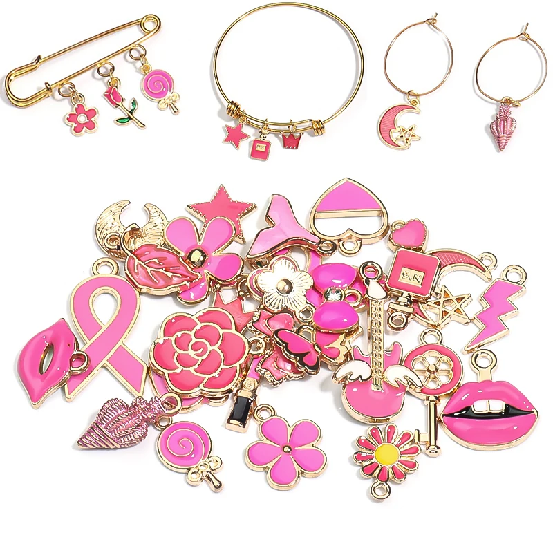 30pcs/Lot Pink Lips Lipstick Flowers Heart Enamel Charms For Jewelry Making For Women DIY Bracelet Earrings Pendant Wholesale