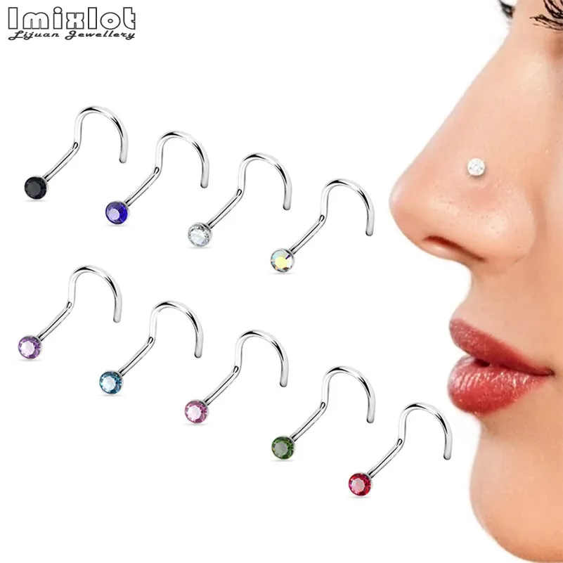 30pcs/lot Crystal Rhinestone Nose Studs Hooks Curved Bar Stainless Steel Nose Rings Nariz Piercing Body Jewelry For Women