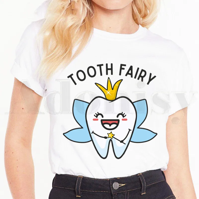 Tooth and Dentist Graphic Funny Women\'s T-shirt Printed Fashion Short Sleeve Female Tops Tees Harajuku  Vintage T Shirts