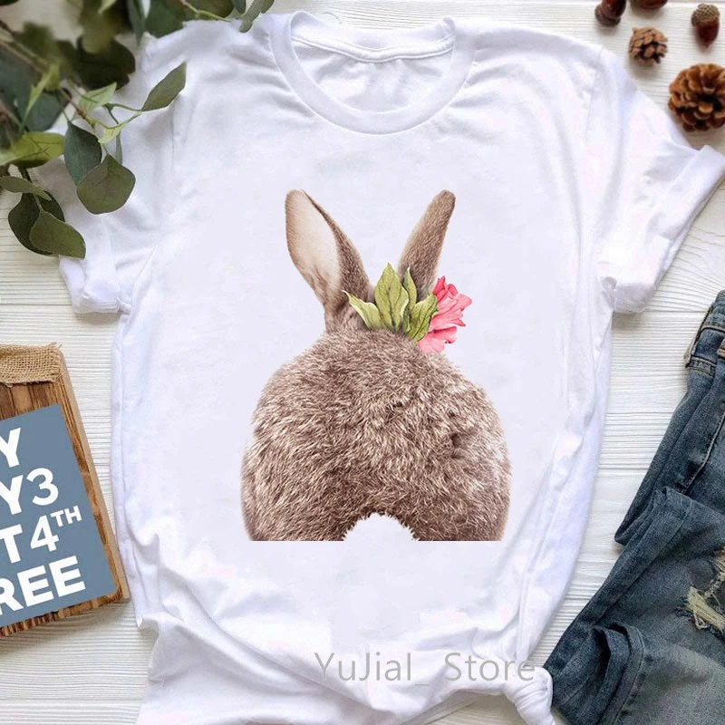 Summer Fashion Women T-Shirt Funny Rabbit Bunny Flowers Animal Print Tshirt Femme Harajuku Shirt Kawaii Clothes T Shirt Female