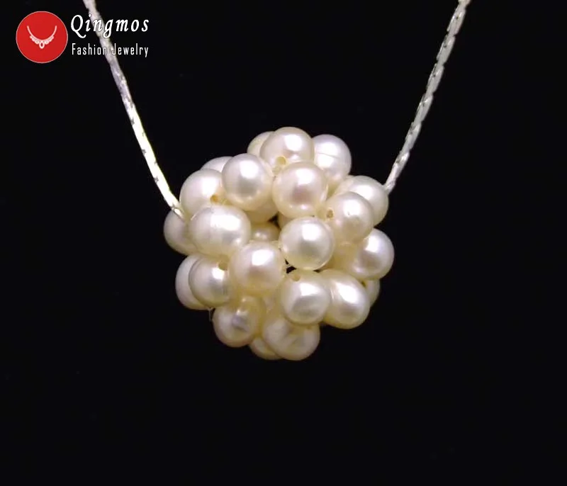 Qingmos Handwork Weaving White Pearl 18mm Ball Pendant Necklace for Women with 4-5mm White Pearl Necklace 17