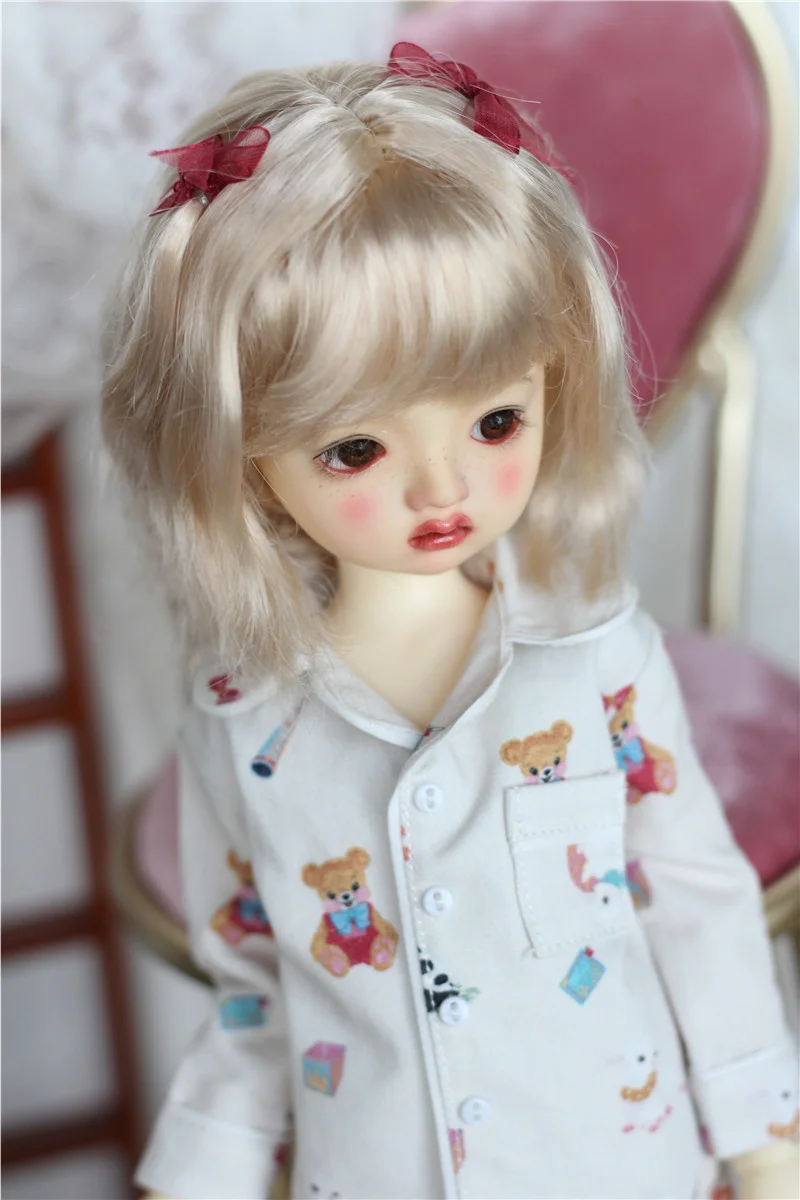 BJD Doll Girls Cute Wig 1/6 1/4 1/3 Milk Silk Natural Butterfly Knot Cute Toy Shoulder-Length Hair Wig Doll Accessories(no doll)