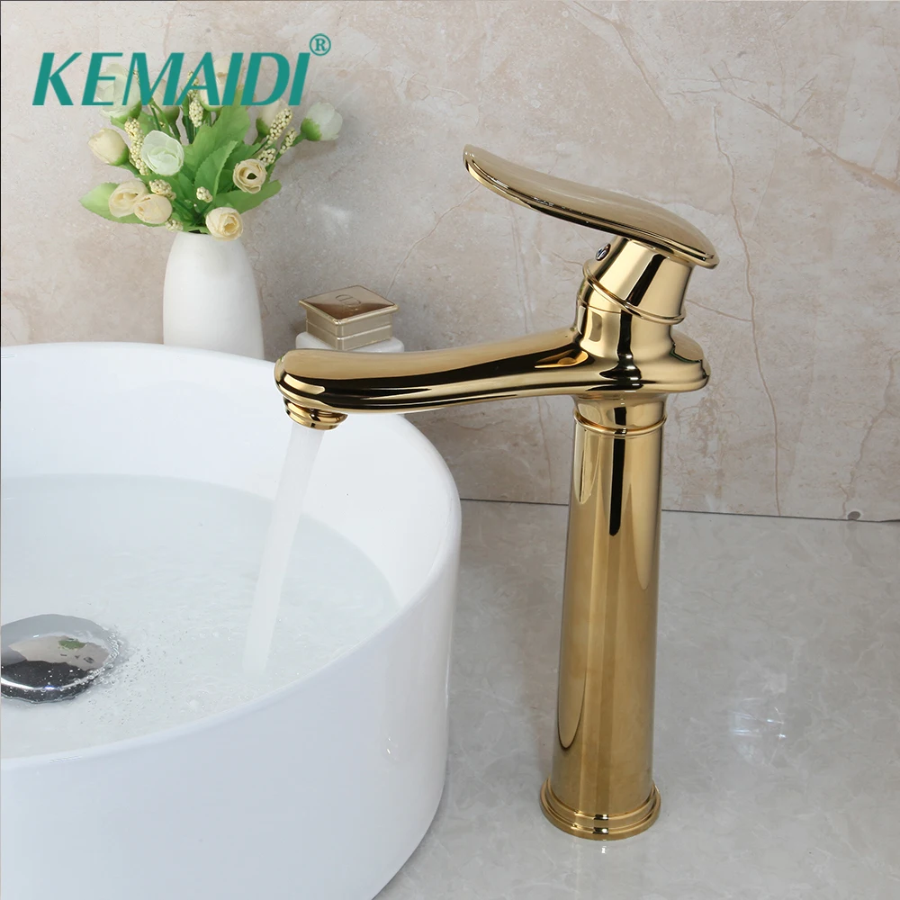 

KEMAIDI Golden Polished Stream Spout Basin Faucet Solid Brass Sink Faucet Deck Mount Water Mixer Tap Gold Plated Long Faucet