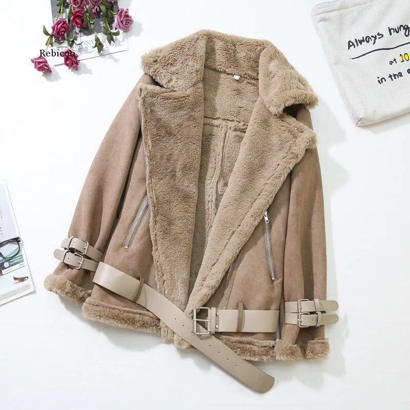 Winter Suede Jackets Women Lambs Wool Casual Jackets Thick Warm Faux PU Suede Jacket Female Oversized Motorcycle Coat Female