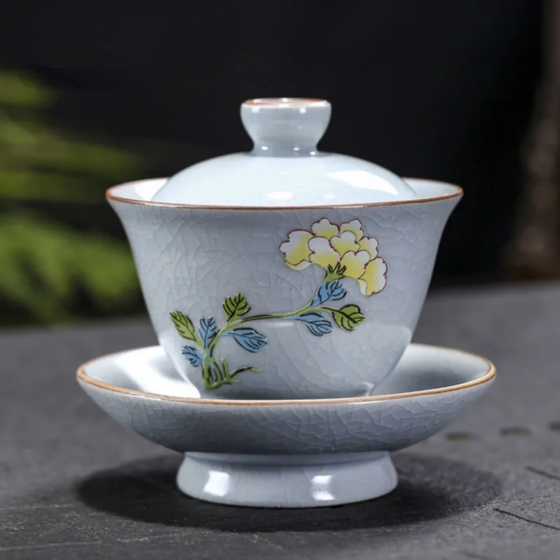 

Ru Kiln Gaiwan Porcelain Kungfu Cup Retro Handmade Crafts Sancai Tea Cup Tea Bowl Kitchen Teaware Drinking Accessories