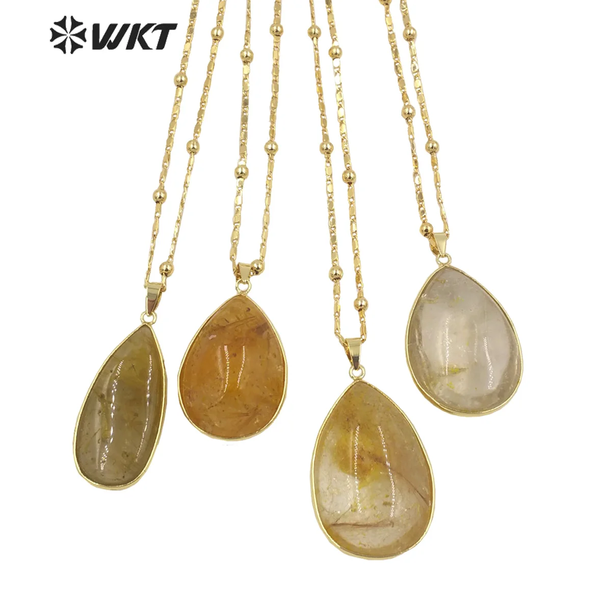 

WT-N1344 WKT изысканное ожерелье из натурального желтого камня золотая цепочка овальная желтая Ruilated кулон женское ожерелье подарки ювелирные изделия
