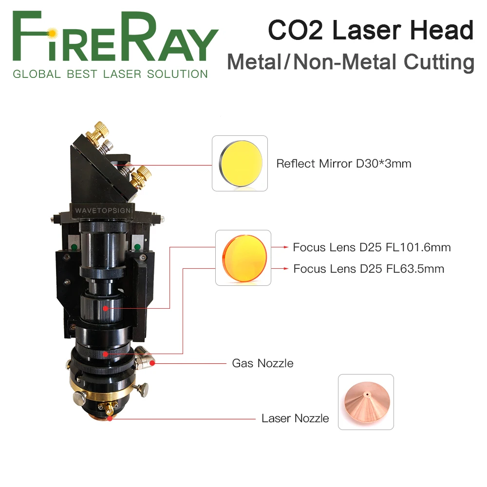 Fireray mieszana głowica laserowa CO2 500W soczewka skupiająca 25x63.5 25x101.6mm lustro odbijające 30x3mm metalowe niemetalowe hybrydowe automatyczne ustawianie ostrości