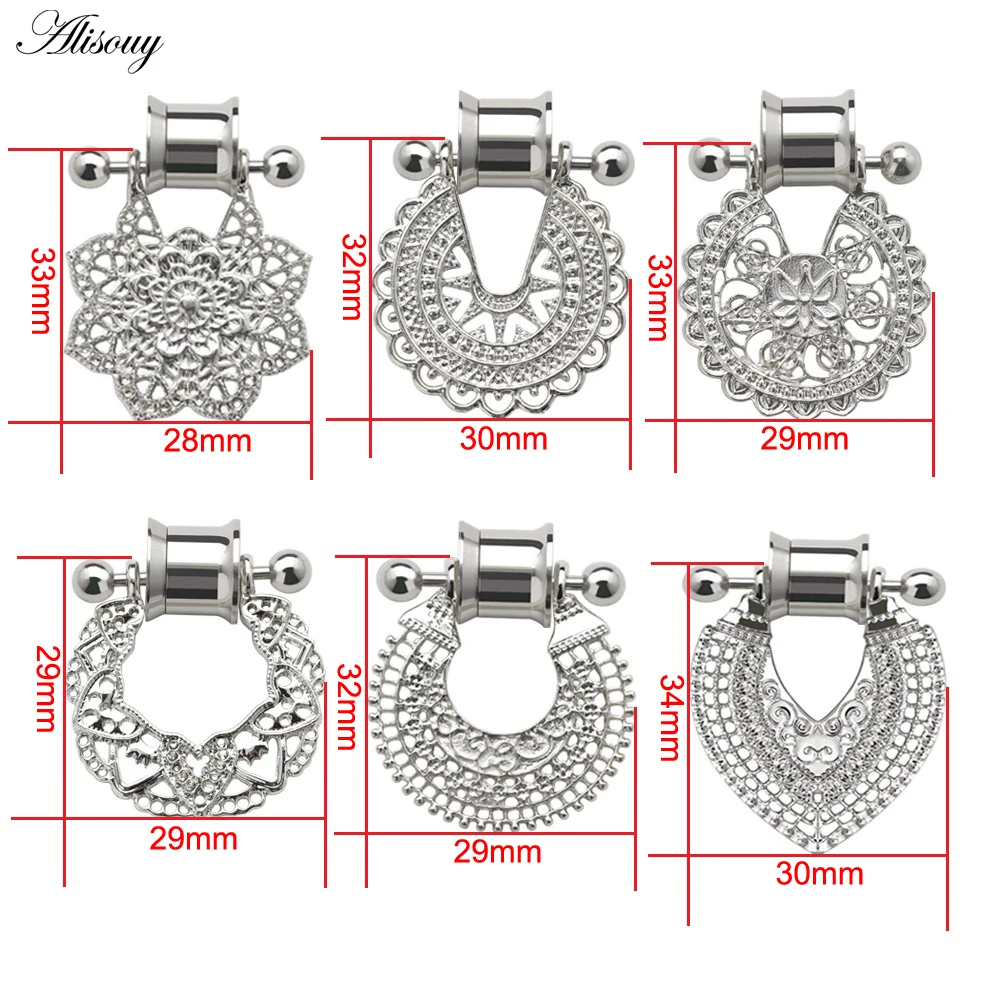 Alisouy 2pcs Stainless Steel Heart Flower Dangle Double Flare Flesh Ear Gauge Plug Tunnel Expander Stretcher  Piercing Jewelry