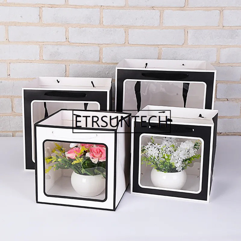 

100pcs Black/White Portable Square Flower Gifts Paper Bag Handheld Transparent Window Gift Package Containers FOR Wedding Party