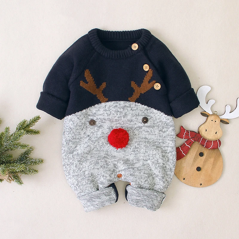 Christmas Clothes Baby Boys Rompers Reindeer Knit Infantil Jumpsuits Toddler Girls New Year\'s Costume Children Warm Wool Clothes