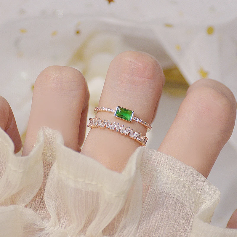 Bohemia Emerald Green Crystal Women Ring Double Layers Transparent Zircon Elegant Bague Anillos Shine Bridal Wedding Jewelry