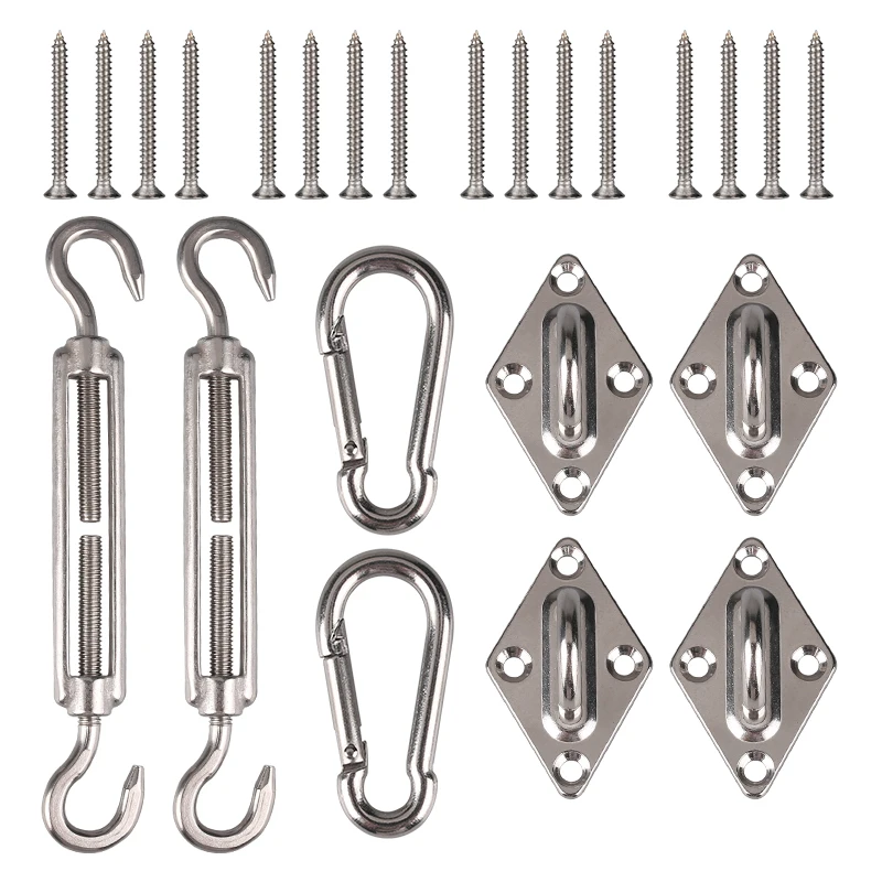 

Sun Shade Sail Canopy Accessory 24pcs/set 304 Stainless Steel Hardware Kit Turnbuckle Pad Eye Carabiner Clip Hook Screws Silver