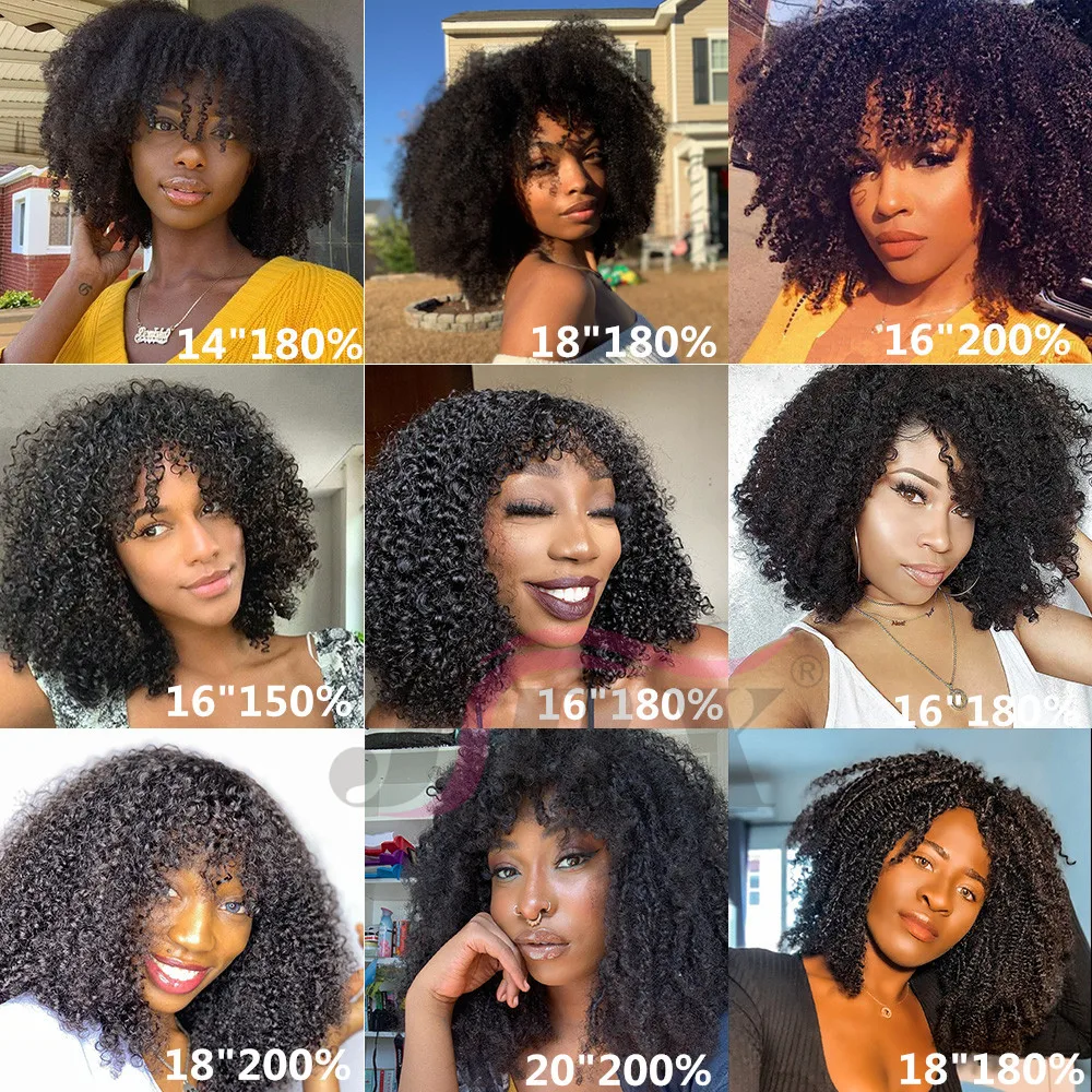 Mongolian Afro Kinky Curly Human Hair Wigs with Bangs Short Curly Brazilian Remy Human Hair Machine Made Wigs for Black  Women