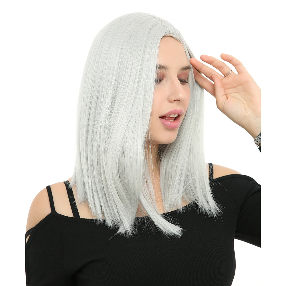 Extravagante w 14 polegada perucas curtas em linha reta peruca sintética para as mulheres cosplay bob branco loira natural meio parte resistente ao calor do cabelo